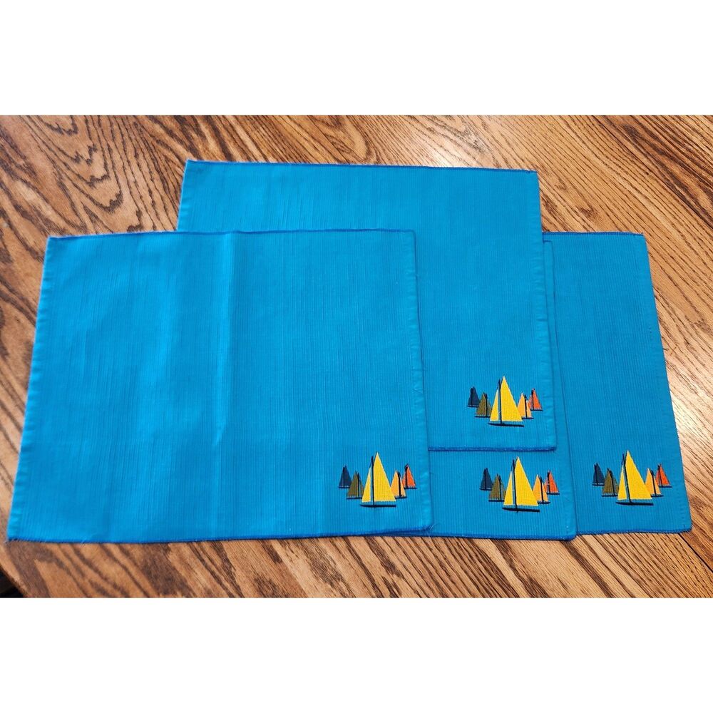 Set of 4 Vtg Sailboat Placemats - Embroidered Sailboats, beautiful turquoise
